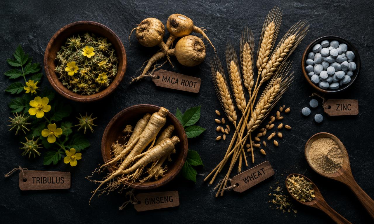 Natural ingredients associated with ForceVital ME: tribulus, maca, ginseng, wheat and zinc