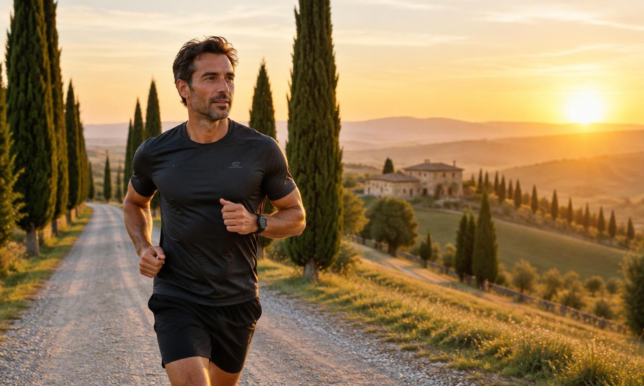 Italian man running at sunrise in Tuscany – active lifestyle with ForceVital ME